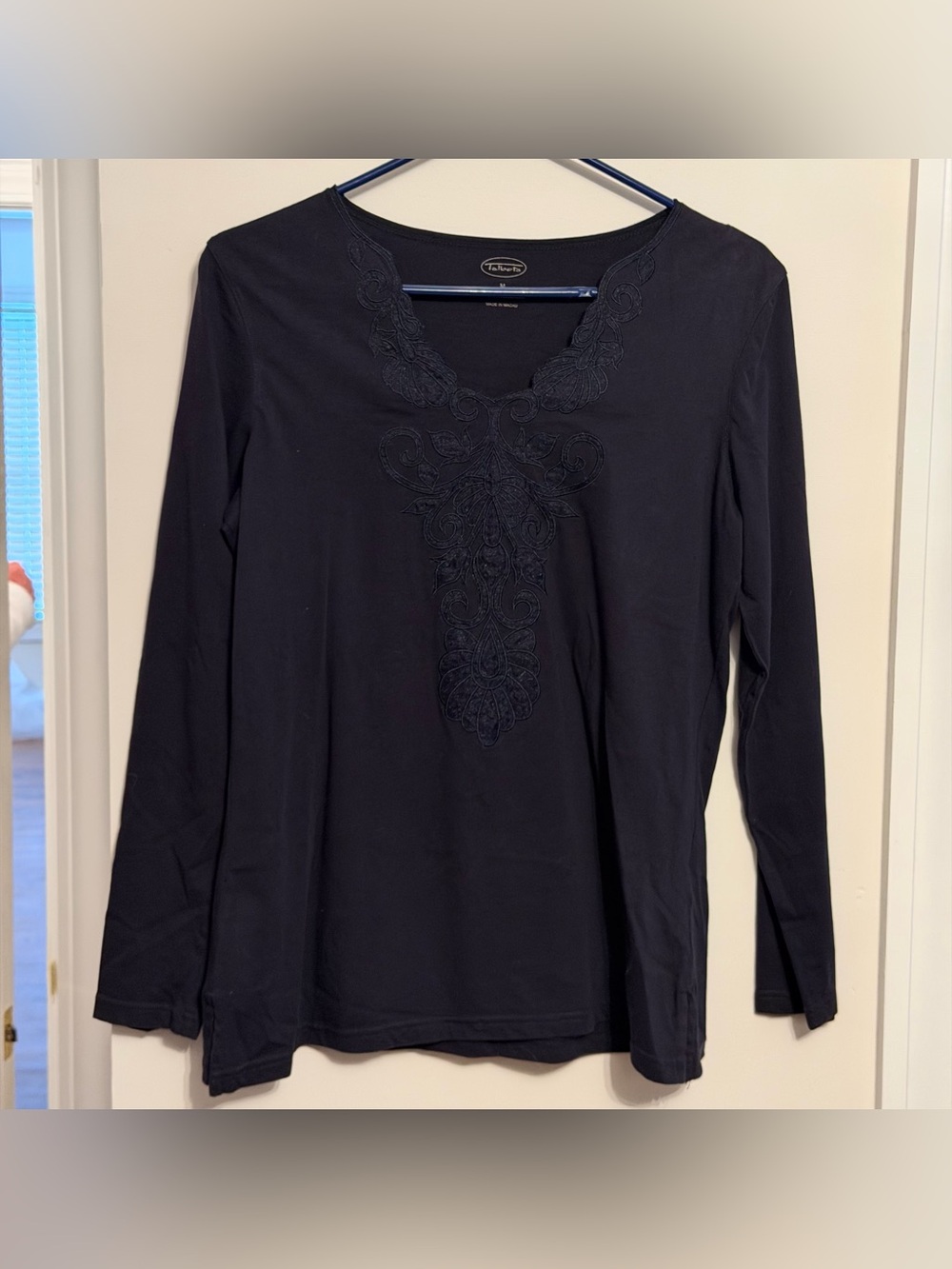 Talbots Black Long-Sleeve Embroidered V-Neck Tee